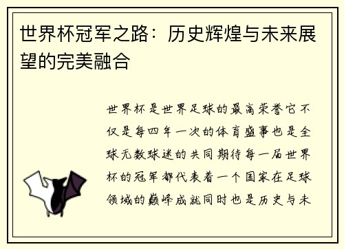 世界杯冠军之路：历史辉煌与未来展望的完美融合