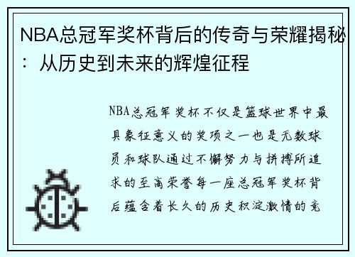 NBA总冠军奖杯背后的传奇与荣耀揭秘：从历史到未来的辉煌征程