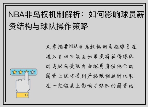 NBA非鸟权机制解析：如何影响球员薪资结构与球队操作策略