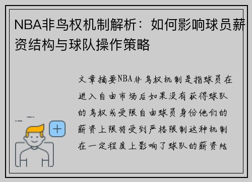 NBA非鸟权机制解析：如何影响球员薪资结构与球队操作策略