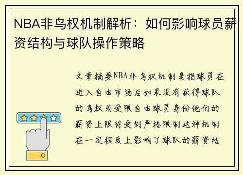 NBA非鸟权机制解析：如何影响球员薪资结构与球队操作策略