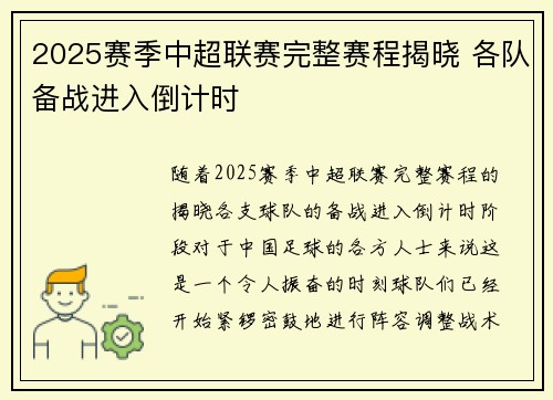 2025赛季中超联赛完整赛程揭晓 各队备战进入倒计时