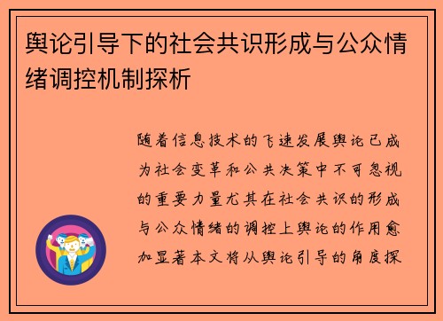 舆论引导下的社会共识形成与公众情绪调控机制探析